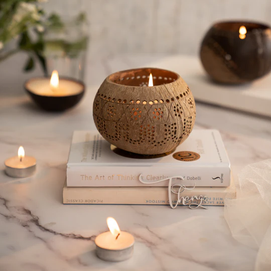 Hand Carved Coconut shell Candle Holder – Tropical Design